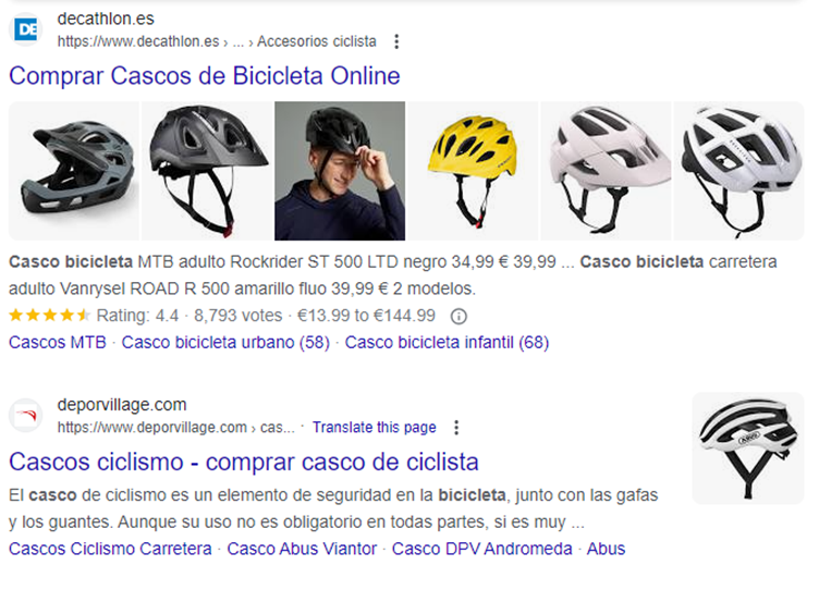 ejemplo de CTR con páginas de cascos de ciclismo